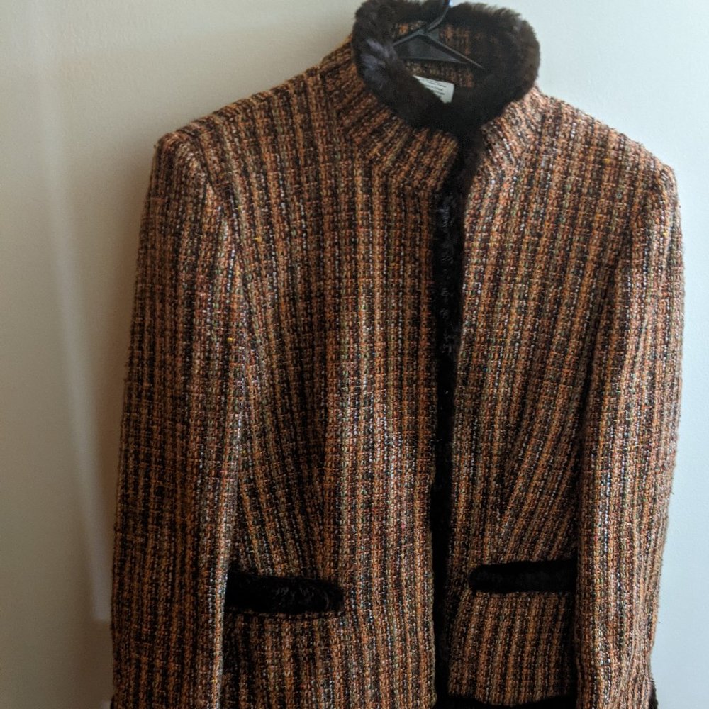 M/L Orange Tweed Suit with Faux Fur Trim
